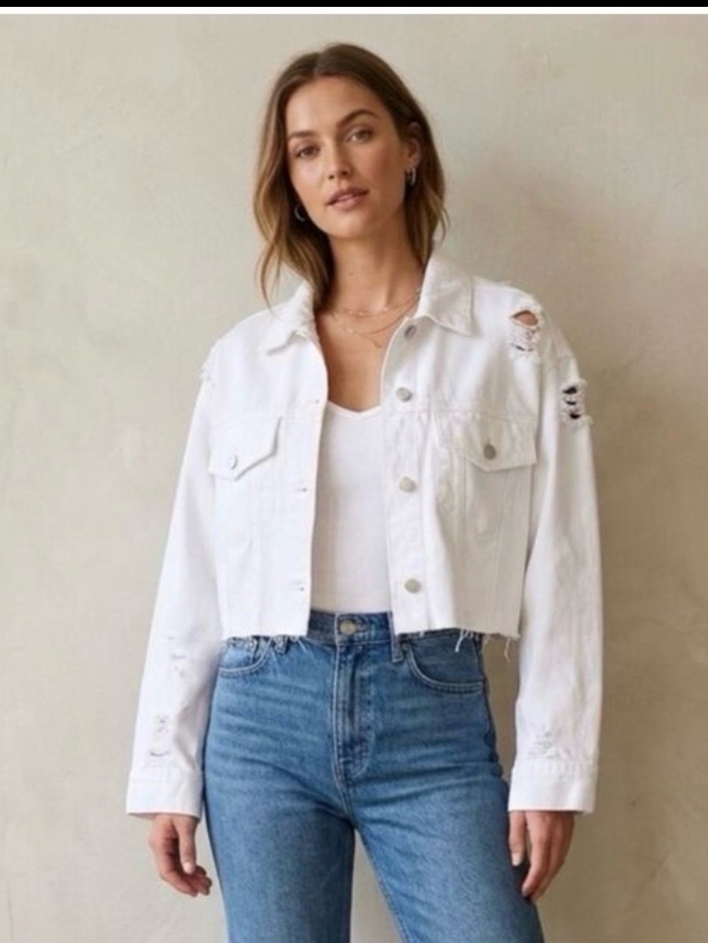 Just Black Denim Cropped White Distressed Denim Jacket - White